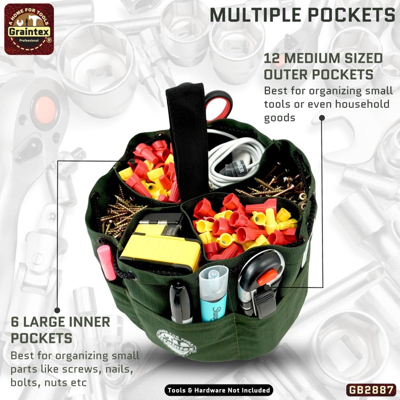 Graintex 18 Pockets Grab Bag Rip-stop Canvas Drawstring Closure, Small Part Organizer Pouch, Small Tools, Screws, Parts, Parachute Tool Bag for Efficient Storage - Hunter Green - Image 3